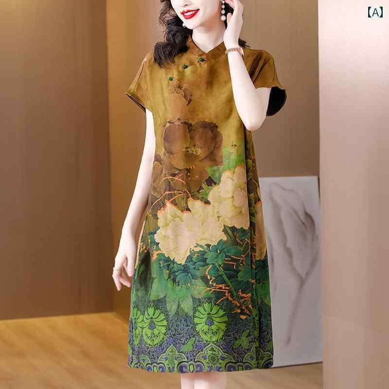 レディース 夏 ワンピース きれいめ 上品 マザーズ ミセス 婦人服 中華風 チャイナ ドレス チュール 女性 大きいサイズ ミドル丈 桑 摩耗
