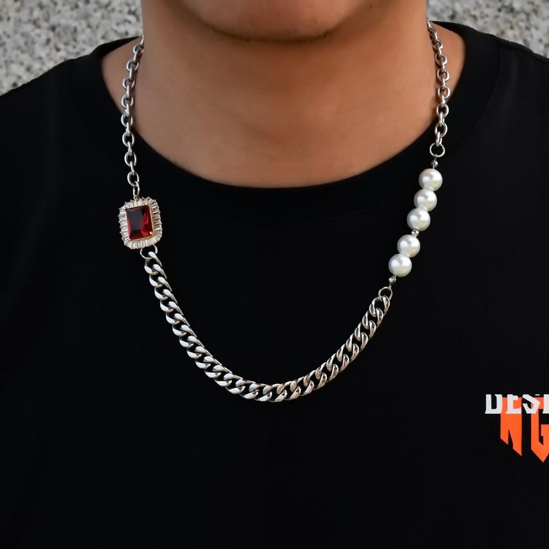 ネックレス HIPHOP ジュエリー ユニセックス レッド グリーン サファイア キューバ クール ストーン パール クール ストリート