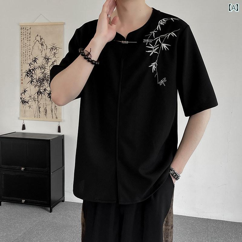 メンズ 夏 T シャツ トップス チャイナ風 薄手 ラウンドネック 中国 刺繍(4)