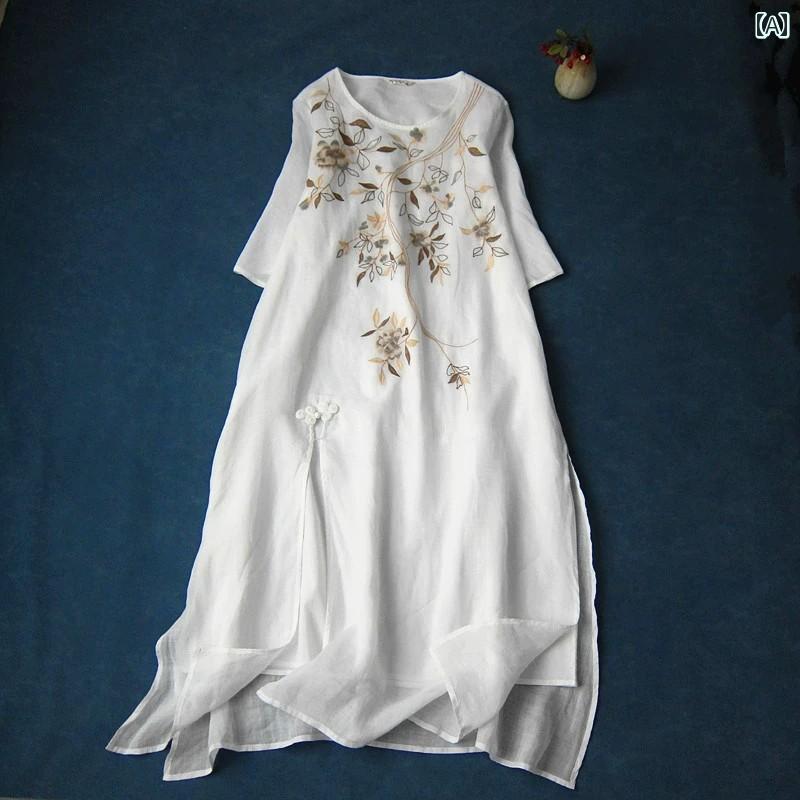 レディース カジュアル 素材 ワンピース ゆったり ボヘミアン 刺繍入り ラミー ミッド スリーブ リネン アーティスティック スリット ディスク バックル a ライン コットンリネン ロング スカート