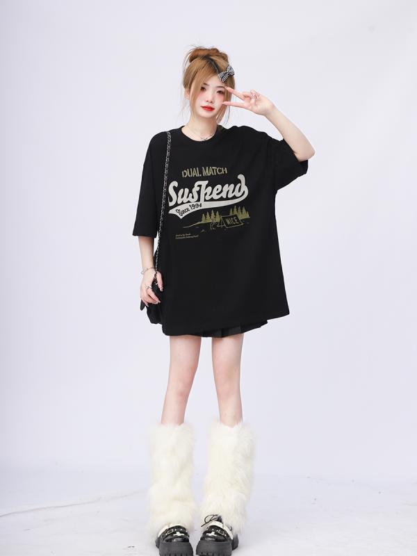 樂天商城 - アメリカン キャンパス カレッジ カジュアル シンプル プリント Tシャツ レディース 半袖 カップル ミドルスリーブ トップス ラウンドネック