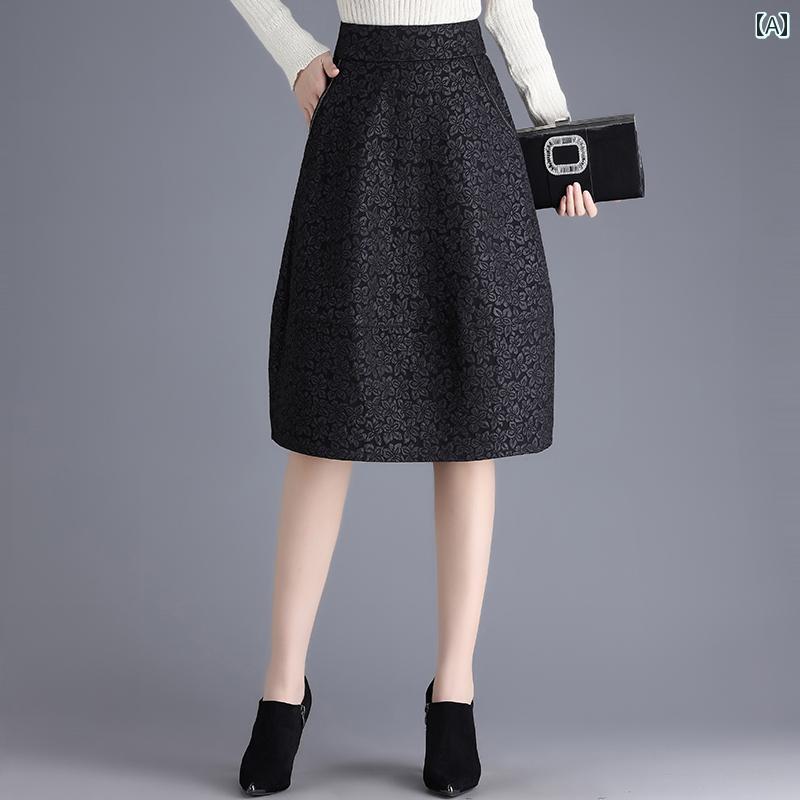 スカート ミモレ丈 ハイウエスト レディース ジャカード ランタン 春秋 丈 レトロ 通勤