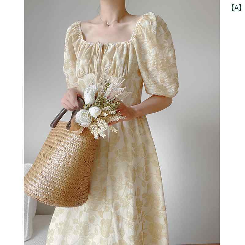 レディース ワンピース 大人かわいい クリーム イエロー 花柄 ドレス ウエスト スリム ロマンチック 宮殿 スクエアネック スカート