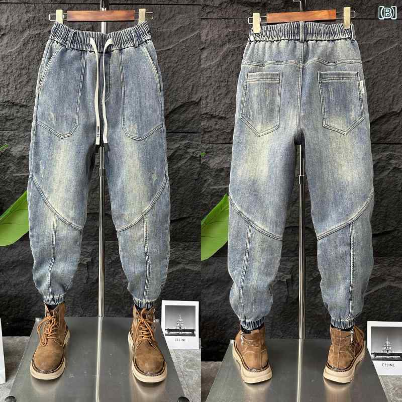 パンツ デニム メンズ アウトドア ズボン 春 ベルベット 厚手 洗浄 綿 ストレッチジーンズ 若々しい ノスタルジック ブルーステッチ