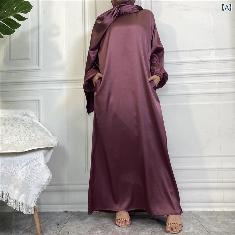 レディース エスニック ワンピース 民族衣装 ゆったり 体型カバー ファッション ヘッド スカーフ サイド ポケット スタイリッシュ シンプル ソリッドカラー サテンロングドレス 大きめ 服回族 国籍