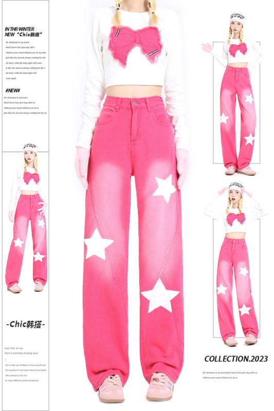 Straight Jeans - デニム パンツ レディース 韓国 ピンク スター ジーンズ ハイウエスト ナロー ストレート ワイドレッグ パンツ 秋 ロング カジュアル おしゃれ かわいい