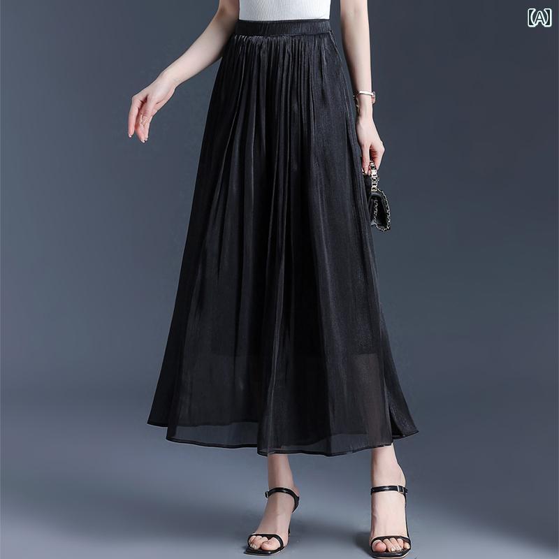 Nylon, Rayon, Polyester - ファッション パンツ レディース 透け感 ロングボトムス プリーツ 九分丈 ワイドレッグパンツ 夏 薄手 カジュアル ライン 動きやい 通気性 スタイリッシュ