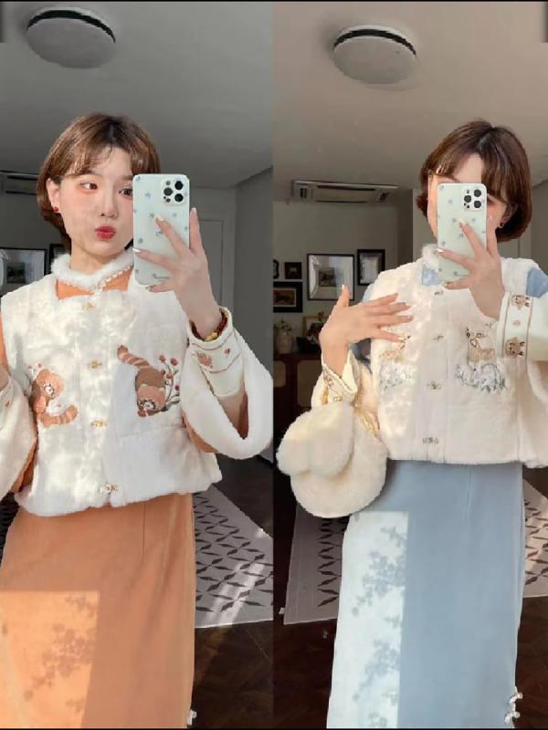 チャイナ ドレス おしゃれ 秋冬 チャイナ風 豪華感 刺繍 ベスト ロング 二点セット 普段使い使い 可能 長袖 ポリエステル繊維