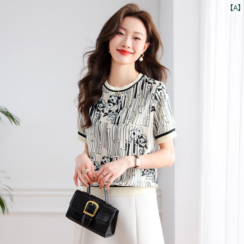 Rakuten - レディース 夏 カジュアル ファッション トップス シャツ ブラウス おしゃれ 上品 マザーズ 婦人服 普段使い シフォン 女性 半袖 スリム