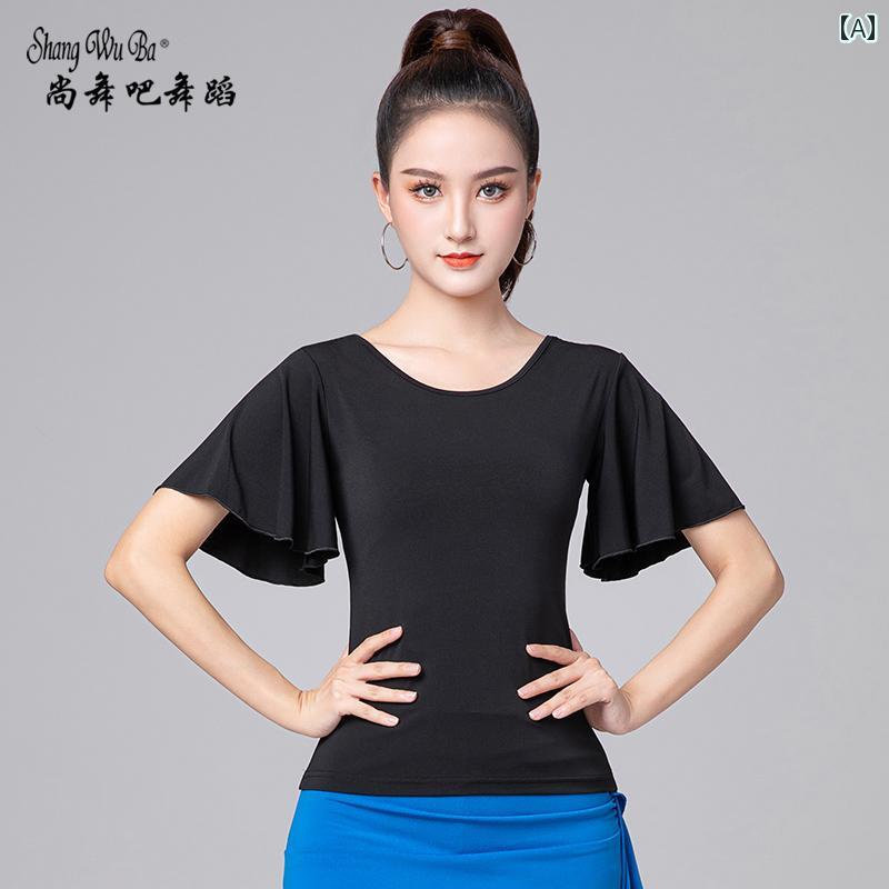 レディース 夏 ラテン ダンス トップス ラウンドネック 服 モダン 練習服 ネット 社交 トランペット 半袖