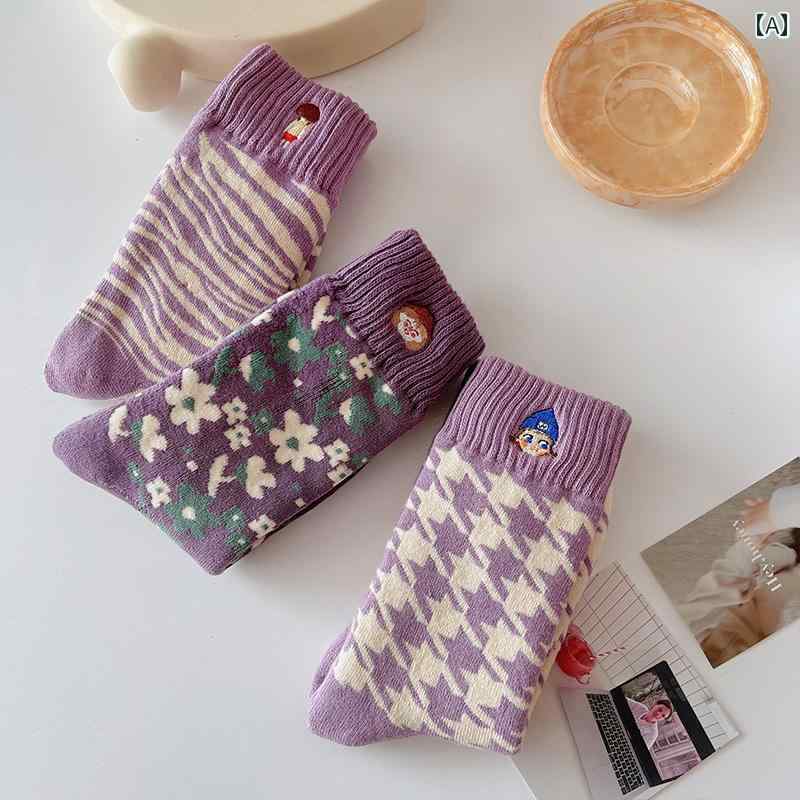 レディース 靴下 パープル 刺繍 テリー ソックス ミドル カーフ 綿 秋冬 裏起毛 厚...