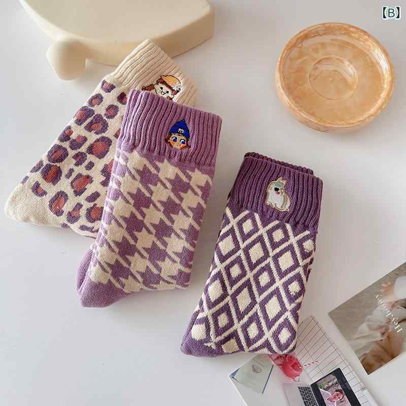 レディース 靴下 パープル 刺繍 テリー ソックス ミドル カーフ 綿 秋冬 裏起毛 厚...
