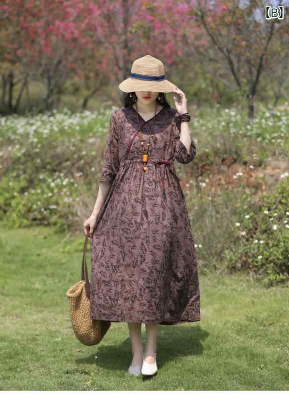 レディース 夏 花柄 ワンピース ビーチ リゾート 正規 レトロ V ネック ラミー スリム コットンリネン ロング スカート サマードレス