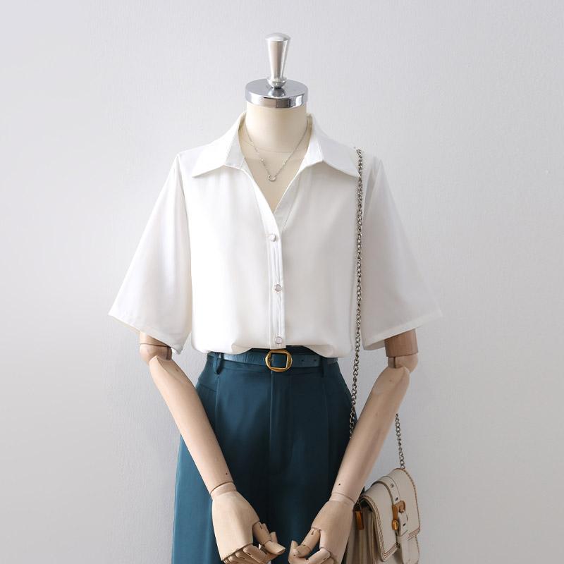 シャツ レディース 夏 カジュアル フォーマル 爽やか 無地 シンプル Vネック 半袖 ドレープ プロ 通勤 トップス