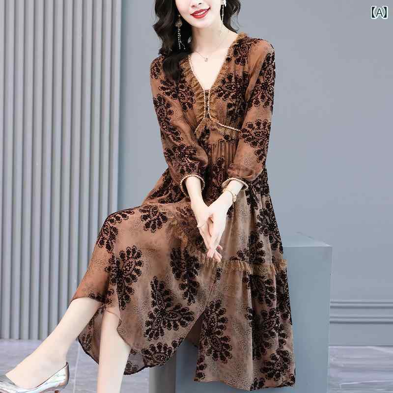 レディース ワンピース 秋 起毛 ドレス ミモレ丈スカート Vネック ゆったり フレア プリント ビーズレース フェミニン おしゃれ エレガント パーティー ディナー