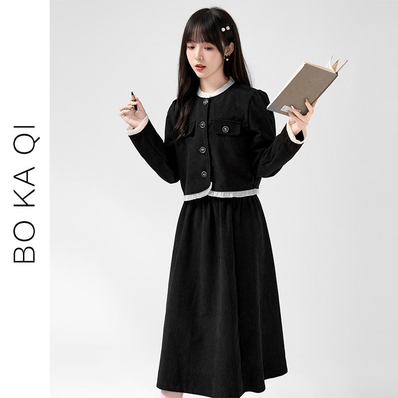 ジャケット スカート レディース ファッション 秋冬 ショート 女性 ガーリー カレッジ ハイウエスト 黒 コーデュロイ