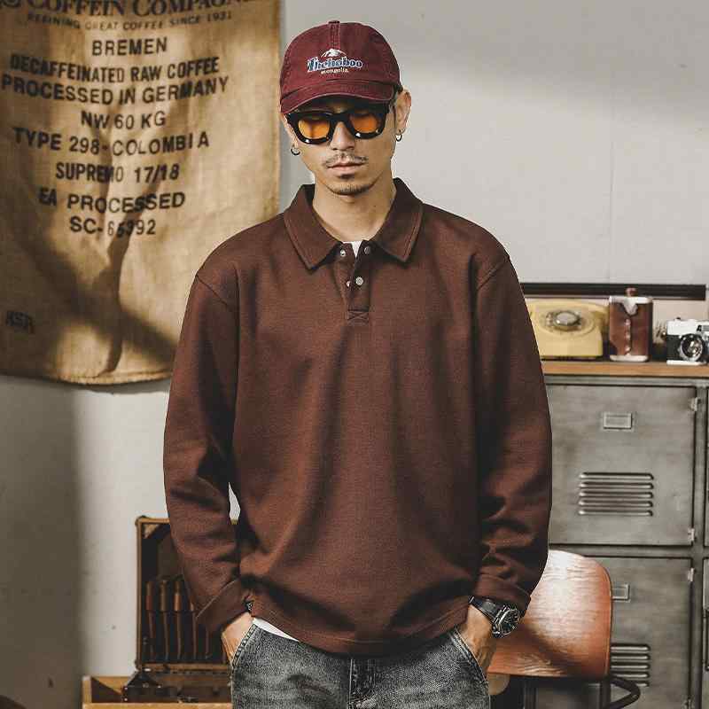 ポロシャツ コットン メンズ 長袖 春秋 アメリカン レトロ シンプル Tシャツ ベーシック ゆったり ブラ..