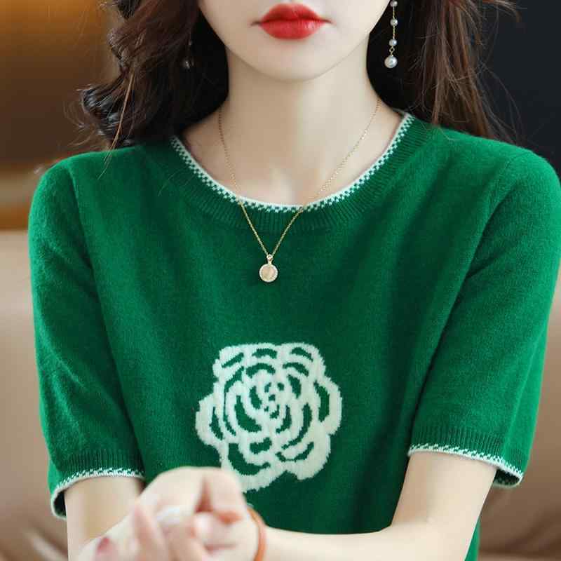 シャツ レディース 春 夏 ウール トップス 100% 超 薄型 半袖 女性 ラウンドネック スリム T 椿 セーター インナー ショート