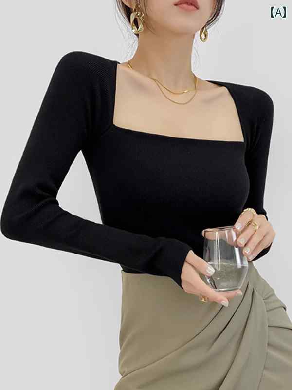 Square Neck - トップス シャツ セーター レディース おしゃれ レトロ 黒 スクエアネック 長袖 Tシャツ フェミニン 鎖骨 露出 スリム フィット ニット 秋用
