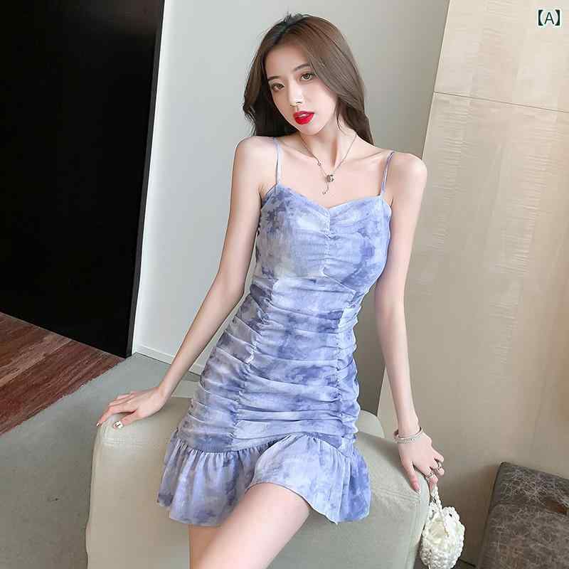 レディース 夏 ワンピース フランス レトロ 絞り染め サスペンダー ドレス ウエスト スリム 小さい プリーツ フィッシュ テール スカート