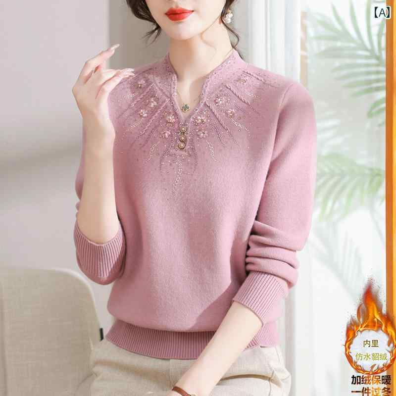 レディース レディース 厚手 セーター 秋冬 ニット トップス 暖かい エイジ ソフト エレガント 防寒 Vネック 保温 上品 おしゃれ