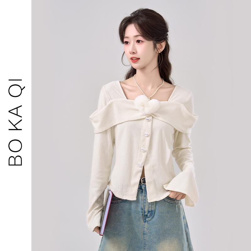 Square Neck - レディース ファッション 春秋 スクエアネック ハート 長袖 セーター 女性 ガーリー カレッジ 優しく シック シャツプルオーバー セーター