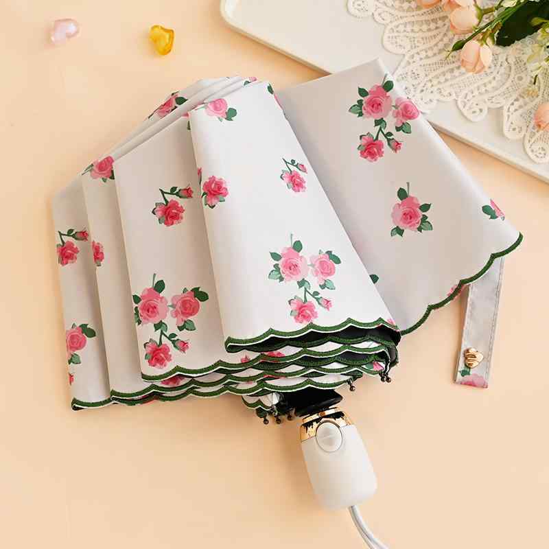 レディース 晴雨兼 折りたたみ傘 フレンチ フラワーワンタッチ 三つ折り収納傘 刺繍 ビニール 日焼け防止 抗UVカット UPF50+ レディース 日よけ傘 晴雨兼傘