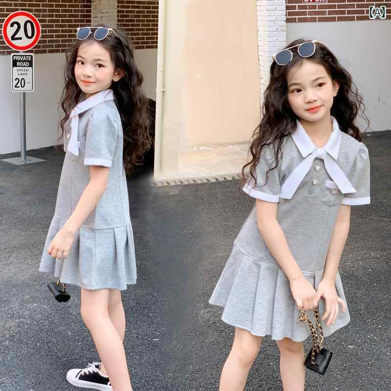 夏 ワンピース かわいい 女の子 ガールズ ドレス ニット コットン ステッチ 中大 子供 プリーツ JK カレッジ スカート