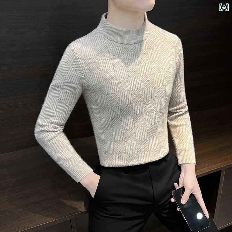 トップス シャツ メンズ ハーフ タートルネック セーター 秋冬 厚手 暖かい ベルベット 冬 チェック柄 ミッド カラー セーター