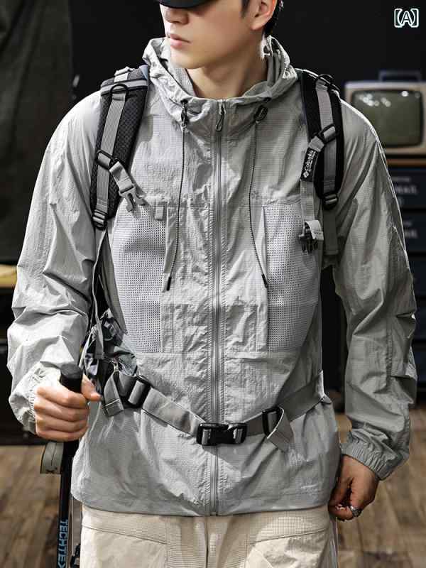 Jacket - メンズ ウィンドブレーカー UPF50 日焼け防止服 サンテクト 夏 軽量 通気性抜群 速乾 抗UV カジュアル マウンテンパーカー ジャケット