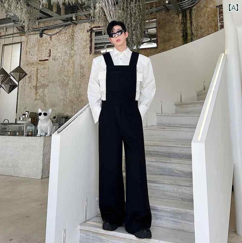 秋冬 デザイナー ウール 厚手 ショルダー ストラップ ワイドレッグ オーバーオール ハイウエスト ストレート メンズ