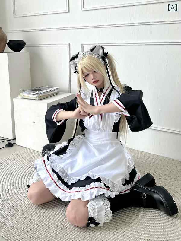 メイド服 エンドレス オタ コスプレ 衣装 白黒 レース 制服 長袖 ダンス アキバ系 かわいい カルチャー イベント 仮装 かわいい 萌え