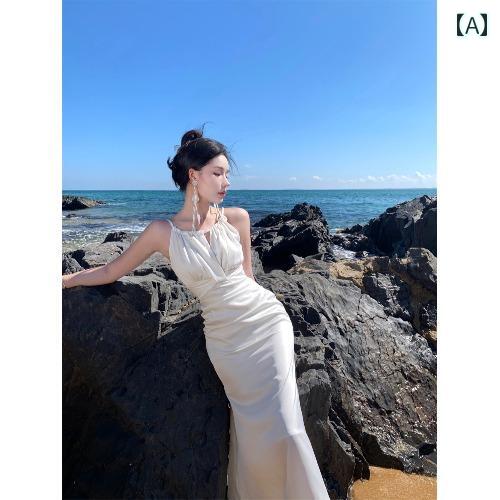 レディース ワンピース 白い 優しい ホルターネック ストラップレス ノースリーブドレス サテン フィッシュ テール ヒップ カバー バックレス ホリデー ハイエンド インナー ロング スカート