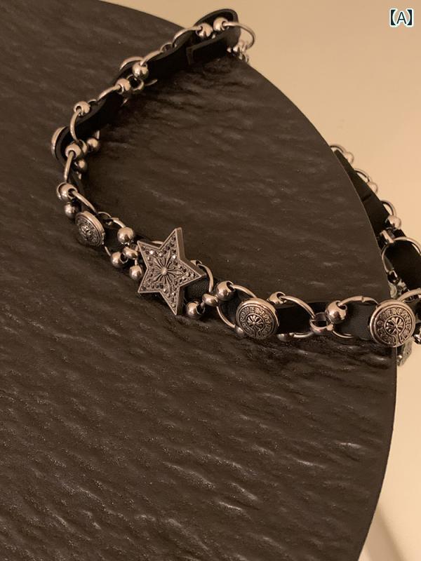 重厚 革 織り 五芒星 ネックレス ライト 豪華感 個性 レザーチョーカー きれいめ おしゃれ かわいい