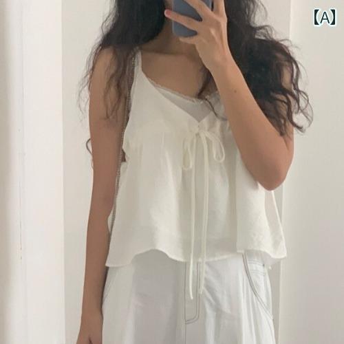 シャツ キャミソール かわいい レディース ガーリー 韓国 夏 フレンチ Vネック 巾着 ストラップ ベビー ドール キャミソ 女性 アウターウェア