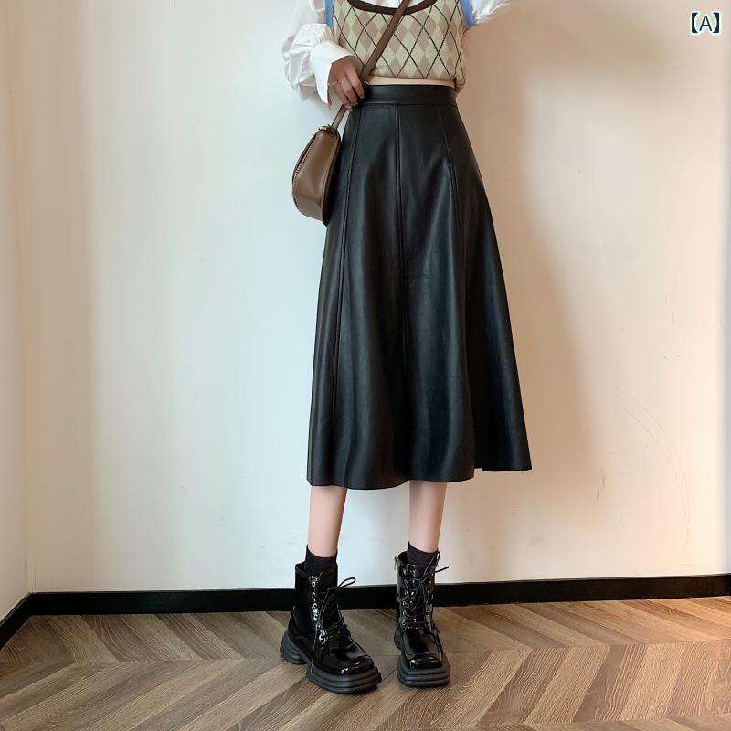 セキュアデポのスカート レディース 秋 冬 ボトムス 大きいサイズ ハイウエスト PU レザー 無地 お腹 カバー ロング スリム 洋梨 体型 aライン｜アングル2