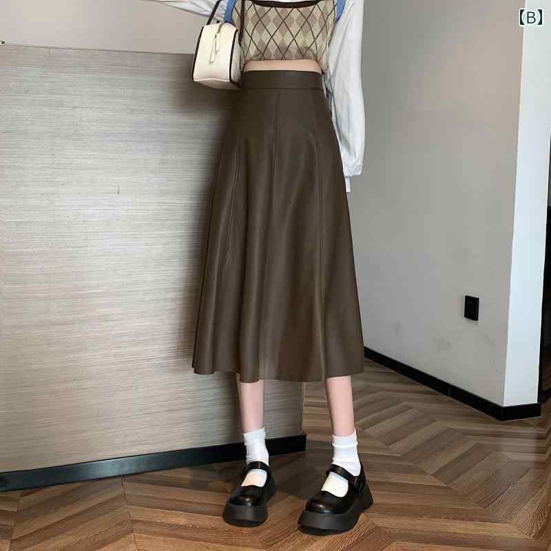 セキュアデポのスカート レディース 秋 冬 ボトムス 大きいサイズ ハイウエスト PU レザー 無地 お腹 カバー ロング スリム 洋梨 体型 aライン｜アングル3