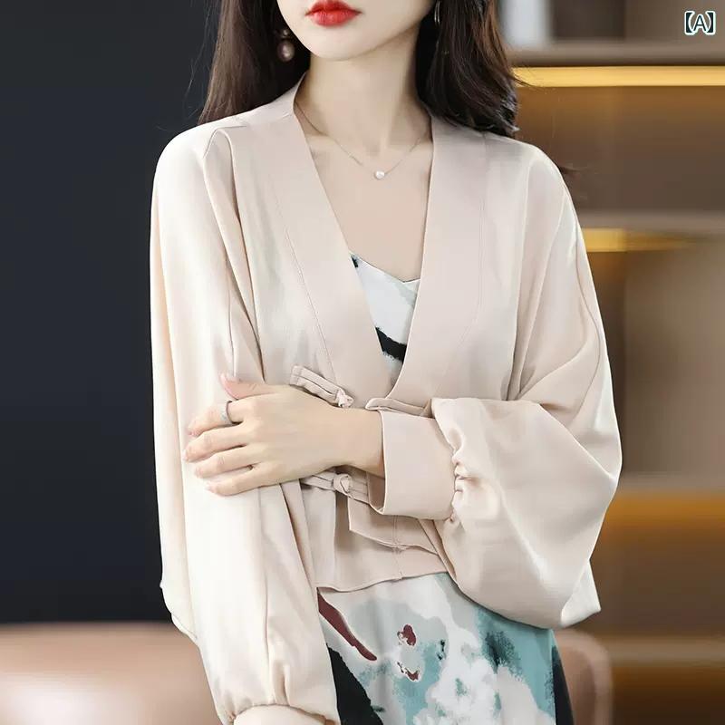 レディース 中華風 無地 カーディガン 女性 ショート 初秋 韓国 多目的 V ネック サテン ショール ジャケット