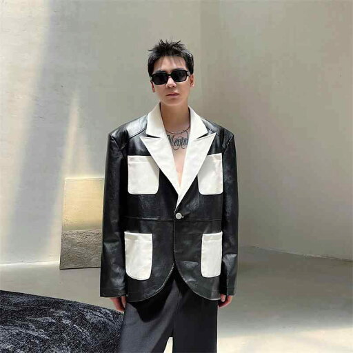 ジャケット 秋服 アメリカン ストリート 黒 白 モノトーン PU レザージャケット メンズ デザイナー ポケット ジャケット 秋服 アメリカン ストリート 黒 白 モノトーン PU レザージャケット メンズ デザイナー ポケット