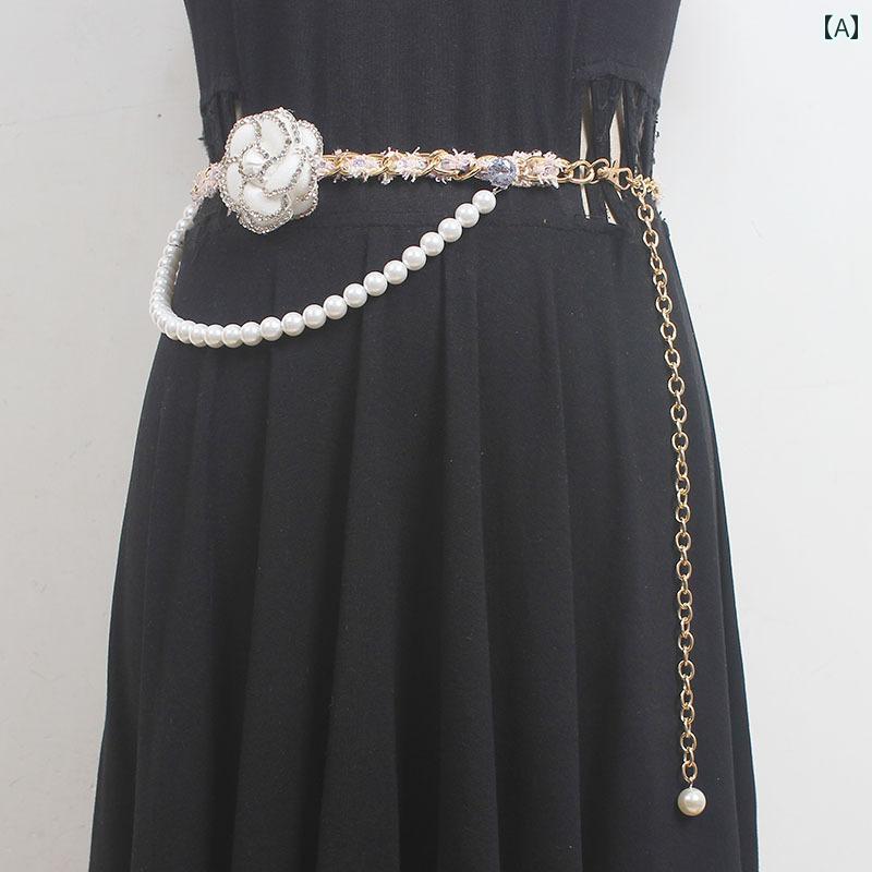 ベルト ウエストチェーン アクセサリー レディース ドレス エレガント 上品 装飾 ブラック ホワイト 花..