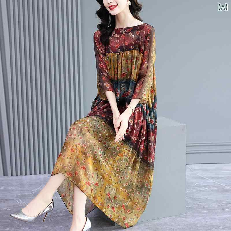 ワンピース ゆったり スリム見え レディース 夏 フローラル マキシ丈 大きめサイズ レディース レトロ 花柄 プリント スカート カラフル 華やか