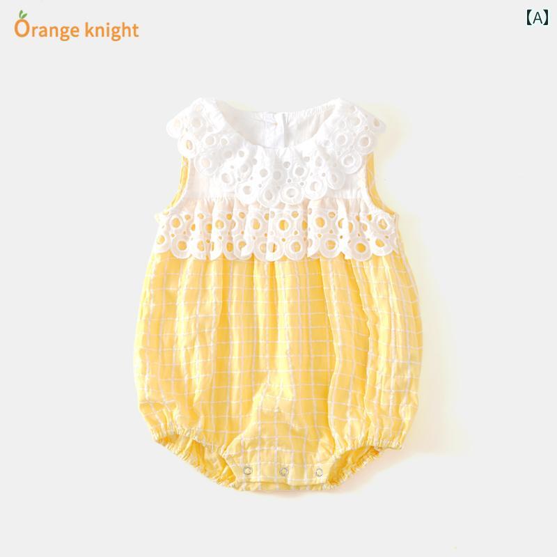 ロンパース ベビー服 新生児 夏用 ジャンプ スーツ かわいい 赤ちゃん ベスト 夏 チェック柄 女の子 ノースリーブ トライアングル ベスト 薄型 風 アウター プリンセス クローリング スーツ