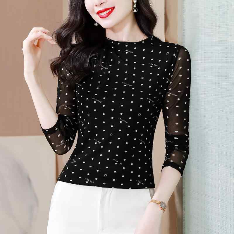 トップス シャツ レディース ファッション ブラウス マザーズ 婦人服 普段使い 秋 長袖 ポルカドット レイヤリング 多彩 スリムフィット ハーフ タートルネック プルオーバー