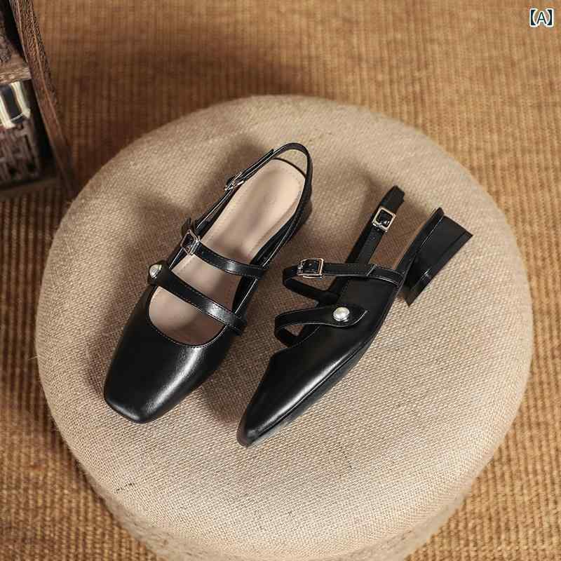 レディース 夏 ミュール サンダル おしゃれ 履きやすい アウター ぴったり 女性用 太め ヒール パール キャップ トゥ シューズ 汎用性 高さ ワン ライン バックル スクエアトゥ ミッド フェアリー メリー ジェーン