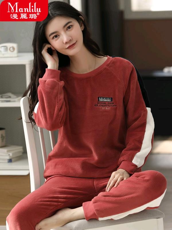 レディース 長袖パジャマ ラウンドネック プルオーバー フリースパジャマセット 厚手 暖かい 冬 レディ..