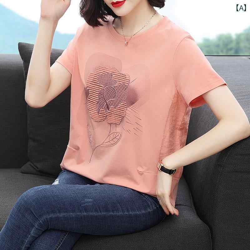 T-Shirts - レディース 夏 カジュアル T シャツ 半袖 マザーズ 婦人服 おしゃれ 普段使い t 女性 小さい ショート コットン トップス