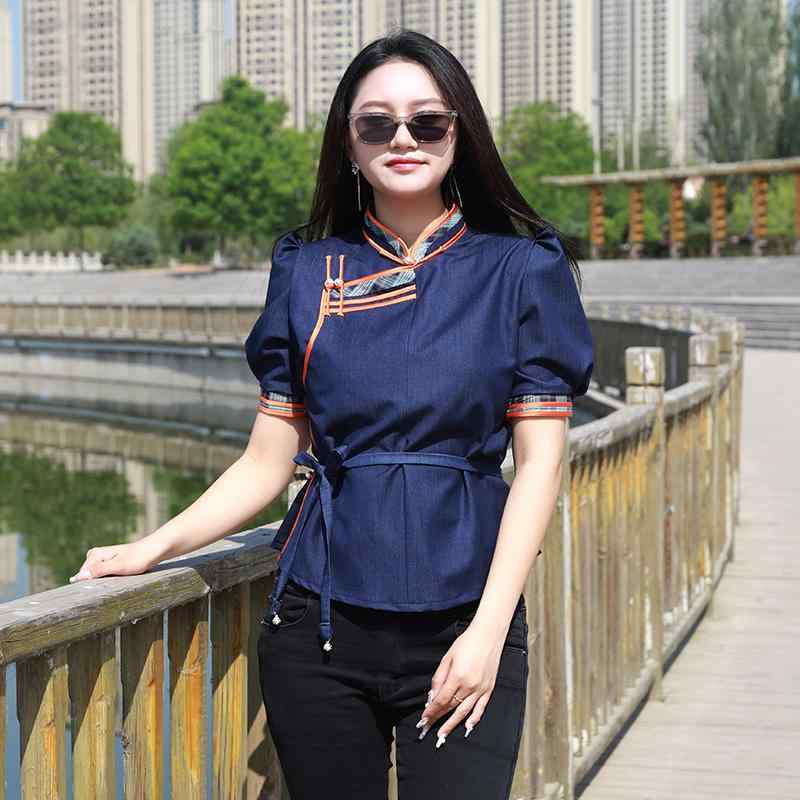 モンゴル デニム シャツ レディース 半袖 トップス 夏 エスニック ボトムス モダン ローブ 春