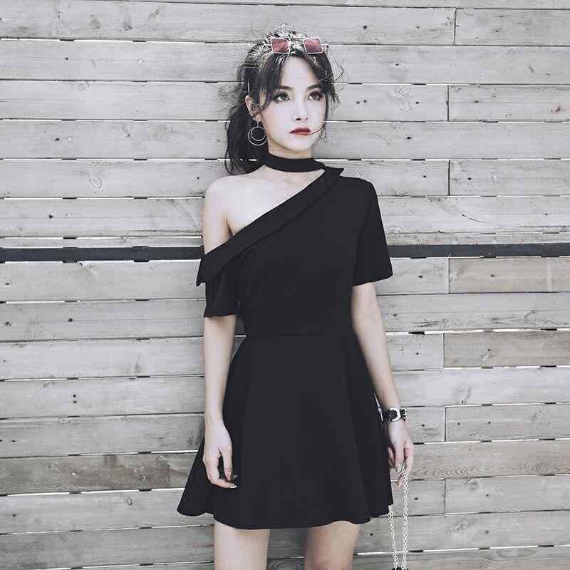 レディース 夏 ワンピース ドレス 韓国 学生 ダーク ライン 露出 肩 薄手 傾斜 寒風 a 字型 スカート
