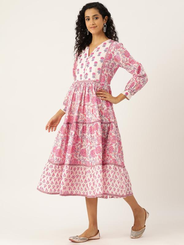 エスニック ドレス ワンピース スカート レディース おしゃれ ファッション レトロ インド風 綿 女の子 花柄 ドレス 春 ラウンドネック ピンク プルオーバー コットン 長袖