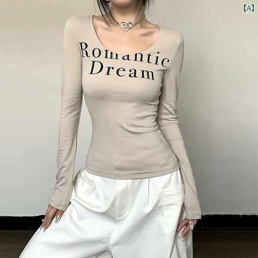 レディース トップス シンプル ワイド カラー レター プリント T シャツ プレッピー 女子 スリム 長袖 レディース トップス シンプル ワイド カラー レター プリント T シャツ プレッピー 女子 スリム 長袖